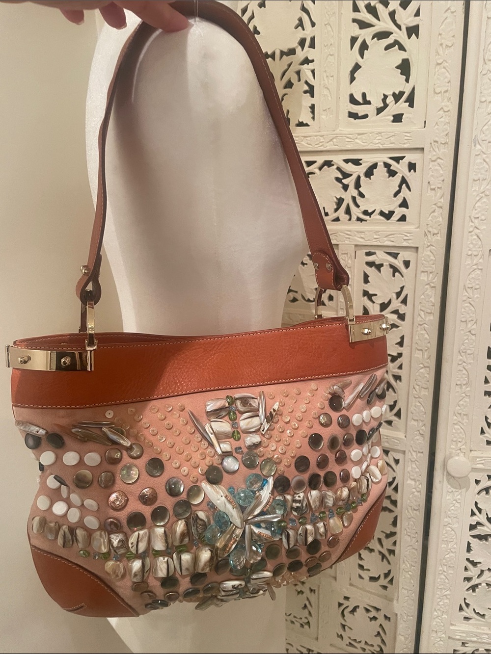 Oscar de la Renta Pink suede tan trim  , pearlized shell  shoulder bag